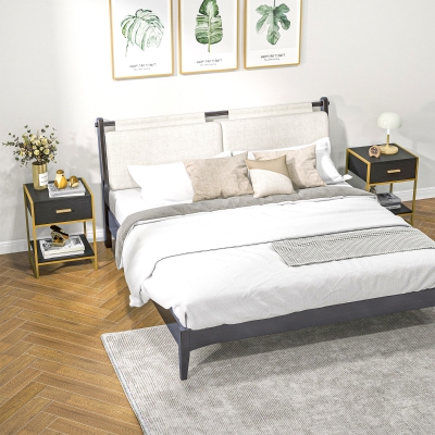 HOMCOM Modern Nightstand Set Of 2, Small Bedside Table with Drawer, Shelf and Steel Frame for Bedroom, Black