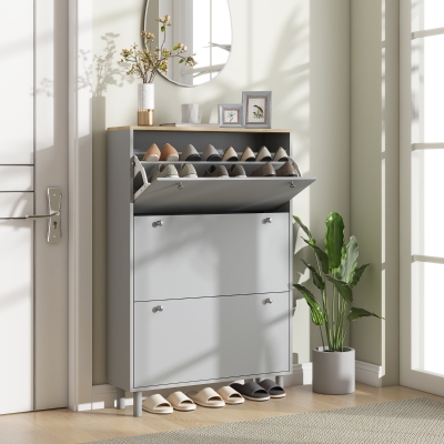 HOMCOM Entryway Shoe Storage Small Modern Flip-Flop Shoe Cabinet with 3 Flip Drawers Adjustable Shelves for 24 Pairs of Shoes, Grey