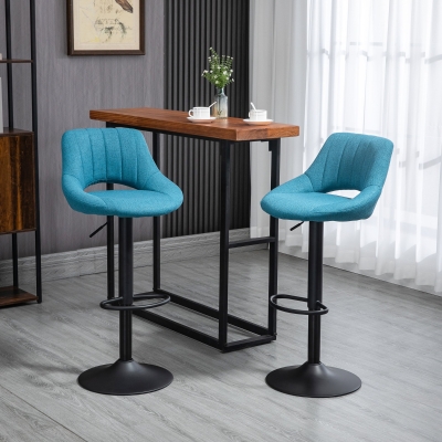 HOMCOM Bar Stools Set of 2, Swivel Counter Height Barstools with Adjustable Height, Linen Upholstered Bar Chairs with Round Metal Base and Footrest, Blue