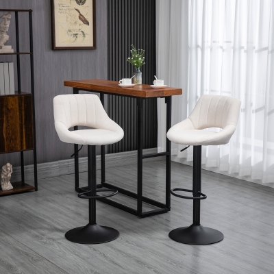 HOMCOM Bar Stools Set of 2, Swivel Counter Height Barstools with Adjustable Height, Linen Upholstered Bar Chairs with Round Metal Base and Footrest, Cream