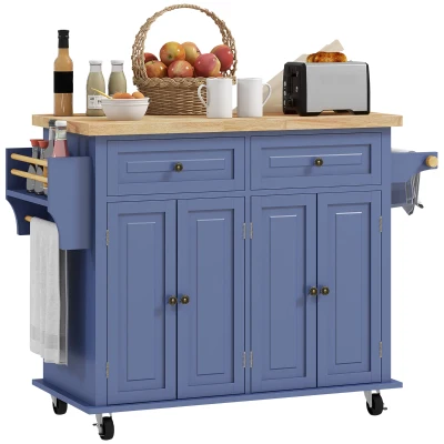 HOMCOM Kitchen Island with Storage, Rolling Trolley Cart with Rubber Wood Top, Spice Rack, Towel Rack, Navy Blue
