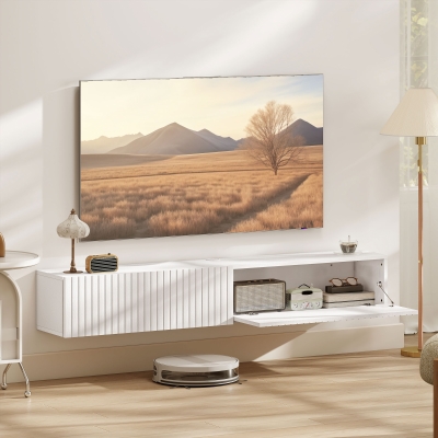 HOMCOM 55" Floating TV Stand for TVs up to 72 Inch, Wall Mount Media Console with 2 Fluted Flip-Down Doors, Cable Hole, White