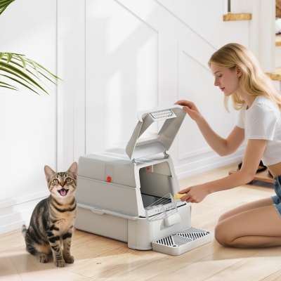 PawHut 80L XL Stainless Steel Cat Litter Box for Big Cats with Flip Cover, Pull-Out Drawer Tray, High Sided, Pedal, Light Grey