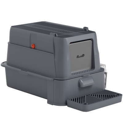 PawHut 80L XL Stainless Steel Cat Litter Box for Big Cats with Flip Cover, Pull-Out Drawer Tray, High Sided, Pedal, Dark Grey