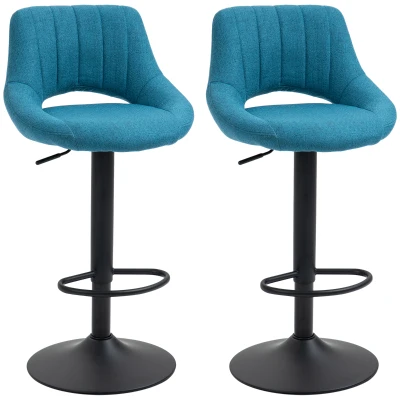 HOMCOM Bar Stools Set of 2, Swivel Counter Height Barstools with Adjustable Height, Linen Upholstered Bar Chairs with Round Metal Base and Footrest, Blue