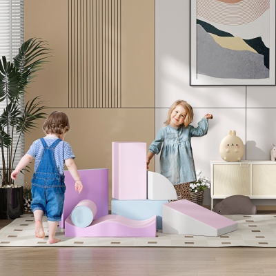 Soozier 7 Pieces Soft Play Foam Climbing Blocks, Indoor Modular Kids Play Toys for Climbing, Crawling, Sliding, Light Colour