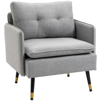 HOMCOM Accent Chair, Upholstered Armchair with Tufted Back Cushion and Steel Legs for Living Room, Bedroom, Grey