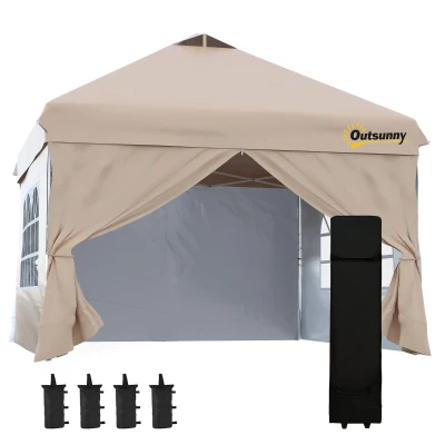 Outsunny 10' x 10' Pop Up Canopy Tent, Instant Sun Shelter, Tents for Parties, with Wheeled Carry Bag, for Outdoor, Garden, Patio, Beige