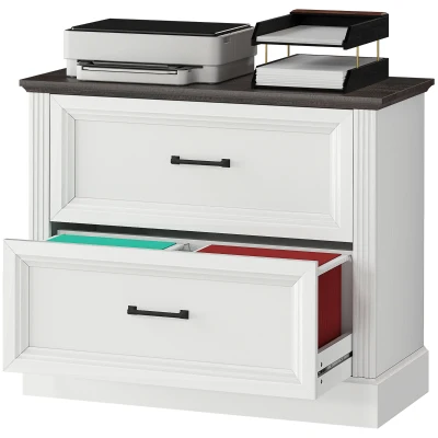 HOMCOM Lateral Filing Cabinet, Farmhouse File Cabinet with 2 Silent Drawers for Letter/A4/Legal Size Files, White