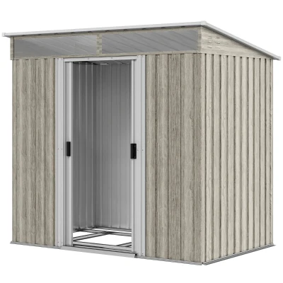 Outsunny 6.5x4FT Galvanised Metal Shed with Foundation Kit, Lockable Garden Tool Storage House with Sliding Doors, Vents, Grey