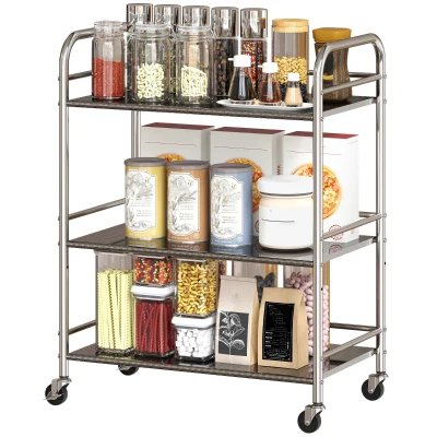 HOMCOM 3 Tier Stainless Steel Rolling Cart with Adjustable Shelf, Utility Cart on Wheels with Handles for Kitchen, Silver