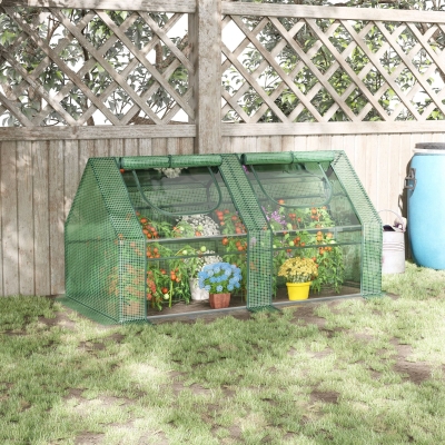 Outsunny 6' x 3' x 3' Portable Mini Greenhouse, Garden Green House Kit with 2 PE/Plastic Covers, Steel Frame and 2 Roll Up Zipper Windows, Dark Green