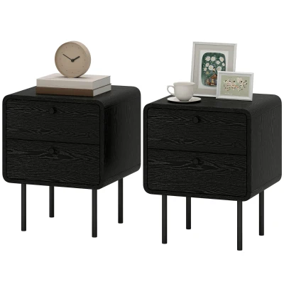 HOMCOM Modern Bedside Tables Set of 2, 2 Pieces Nightstands with 2 Storage Drawers and Steel Legs for Bedroom, Black Wood Grain