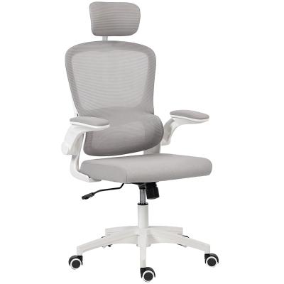 HOMCOM Ergonomic Mesh Office Chair, High Back Desk Chair with Rotatable Headrest, Flip-Up Armrests, Lumbar Support, Grey