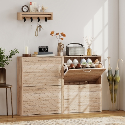 HOMCOM Shoe Storage Cabinet with 3 Flip Drawers, Narrow and Slim, 12 Pair of Shoes Organizer for Hallway, Entryway, Oak