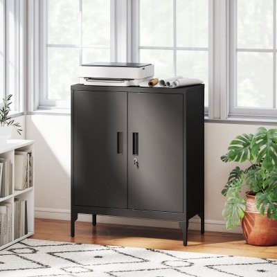 HOMCOM Office Storage Cabinet with Lock, Filing Cabinet with Adjustable Shelves and Doors for Home Office, Garage, Black