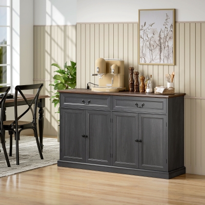 HOMCOM Buffet Cabinet, 55" Farmhouse Sideboard with Charging Station, 2 Drawers and 2 Adjustable Shelves, Black Wood Grain