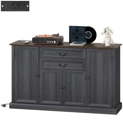 HOMCOM Farmhouse Sideboard with Charging Station and Thickened Top, 58" Buffet Cabinet with 2 Soft-Close Drawers, Black