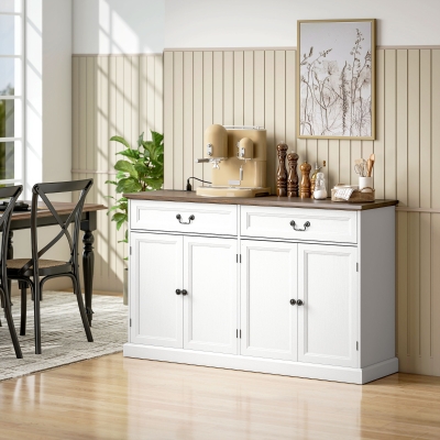 HOMCOM Buffet Cabinet, 55" Farmhouse Sideboard with Charging Station, 2 Drawers and 2 Adjustable Shelves, White Wood Grain