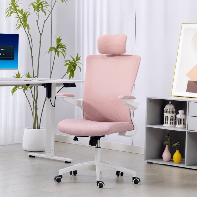 HOMCOM Ergonomic Office Chair, Swivel Desk Chair with Adjustable Lumbar Support, Headrest and Height, Flip-up Armrests, Pink