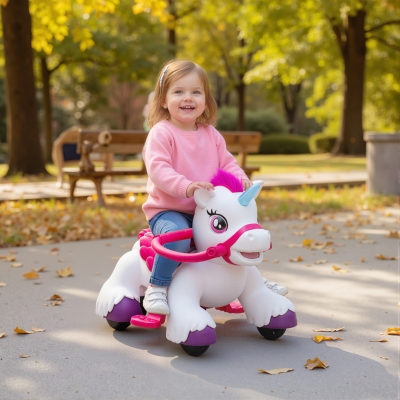 Qaba 12V Unicorn Ride on Toy, Battery Powered Kids Electric Ride on Horse with Carrot Toy, Comb, Animal Sounds
