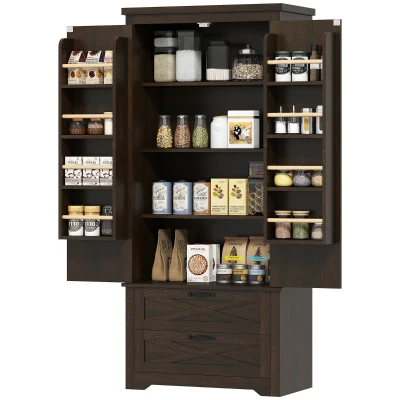 HOMCOM Farmhouse Kitchen Pantry Storage Cabinet, 64" Freestanding Kitchen Pantry Cabinet with Drawers, Distressed Dark Brown
