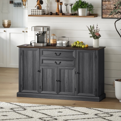 HOMCOM Farmhouse Sideboard with Charging Station and Thickened Top, 58" Buffet Cabinet with 2 Soft-Close Drawers, Black