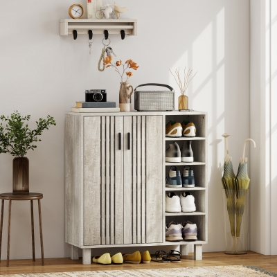 HOMCOM Shoe Storage with Double Doors and Open Shelves 17 Pair Shoe Storage Organizer for Entryway Hallway Light Grey