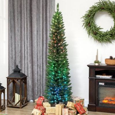 HOMCOM 6ft Christmas Tree with Colourful DIY Synchronized LEDs, Hinged Pencil Xmas Tree with Remote, Daily Timer, Green