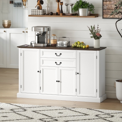 HOMCOM Farmhouse Sideboard with Charging Station and Thickened Top, 58" Buffet Cabinet with 2 Soft-Close Drawers, White