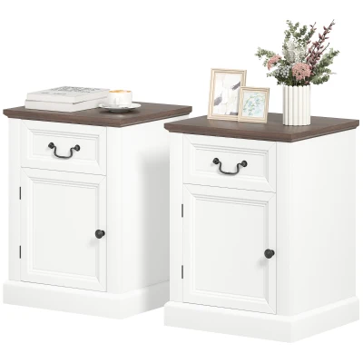 HOMCOM Side Table Set of 2, End Tables with Drawer and Cabinet, Nightstands for Small Spaces, Living Room, White
