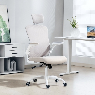 HOMCOM Ergonomic Office Chair, Mesh Desk Chair with Adjustable Headrest, Lumbar Support and Height, Flip-Up Armrests, Grey