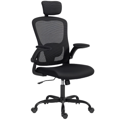 HOMCOM Ergonomic Office Chair, Mesh Desk Chair with Adjustable Headrest, Lumbar Support and Height, Flip-Up Armrests, Black