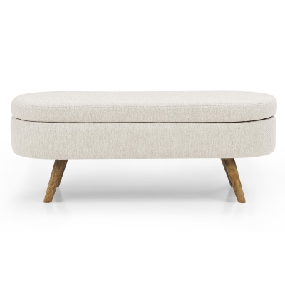 Oval Storage Ottoman Bench with Pleated Linen Fabric, Beige