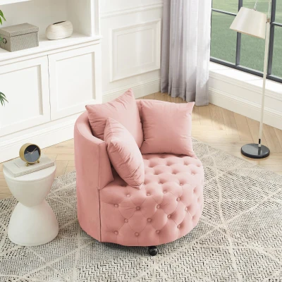 Velvet Upholstered Swivel Chair with Button-Tufted Back, Multi-Density Foam Cushion, Pink
