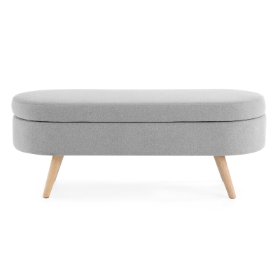 Oval Storage Ottoman Bench with Linen-Upholstered Pleated Fabric, Grey