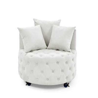Velvet Upholstered Swivel Chair with Button-Tufted Back, Beige