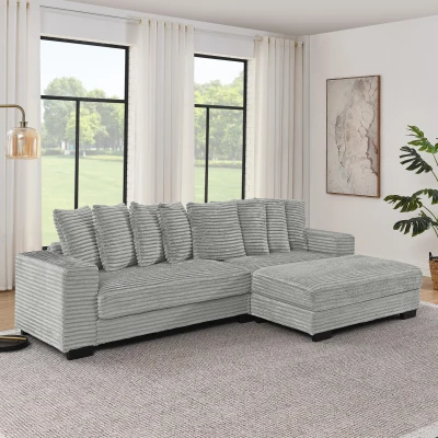 Tufted Corduroy Upholstered Sectional Sofa with Reversible Chaise, Gray