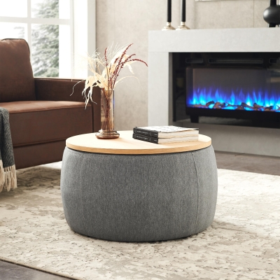 2-in-1 Round Storage Ottoman with Removable Lid, Dark Grey