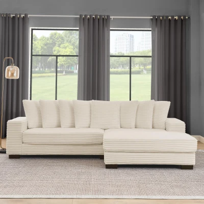 Tufted Corduroy Upholstered Sectional Sofa with Reversible Chaise, Beige