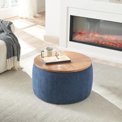 2-in-1 Round Storage Ottoman with Removable Top and Concealed Storage, Navy