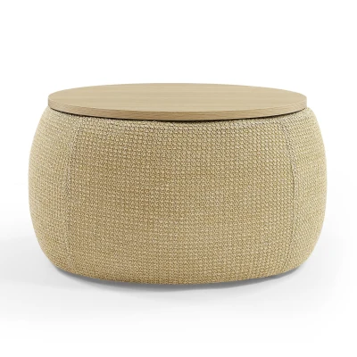 2-in-1 Round Storage Ottoman with Removable Lid, Natural