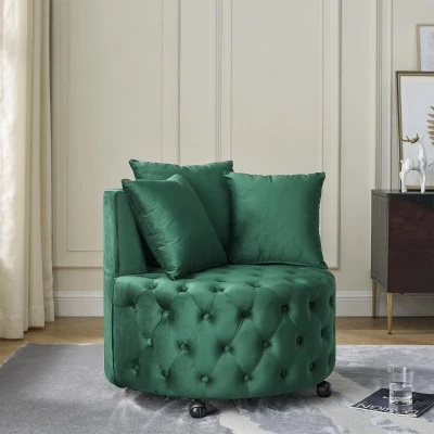 Velvet Upholstered Swivel Chair with Button-Tufted Back, Multi-Density Foam Cushion, Green