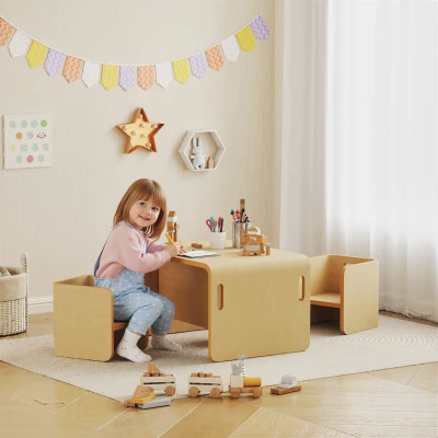 Qaba Kids Adjustable Table and Chair Set, for Ages 3-8, Natural