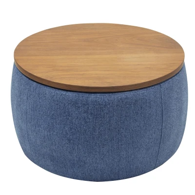 2-in-1 Round Storage Ottoman with Removable Top and Concealed Storage, Navy