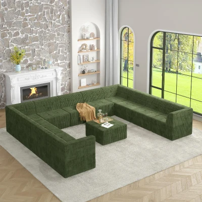 U-Shaped Modular Sectional Sofa with Foam-Filled Cushions, Green