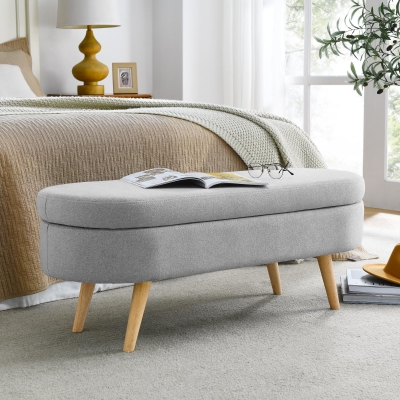 Oval Storage Ottoman Bench with Linen-Upholstered Pleated Fabric, Grey