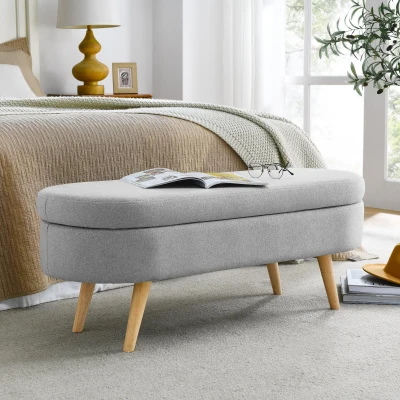 Oval Storage Ottoman Bench with Linen-Upholstered Pleated Fabric, Grey