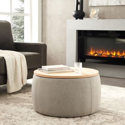 2-in-1 Round Storage Ottoman with Removable Lid, Light Grey