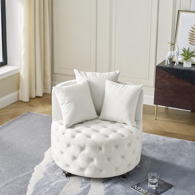 Velvet Upholstered Swivel Chair with Button-Tufted Back, Beige